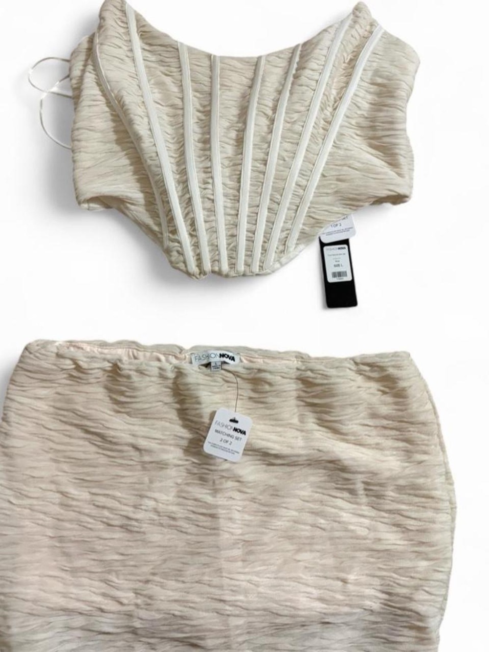 Fashion Nova Cream Textured Corset Top & Mini Skirt Set